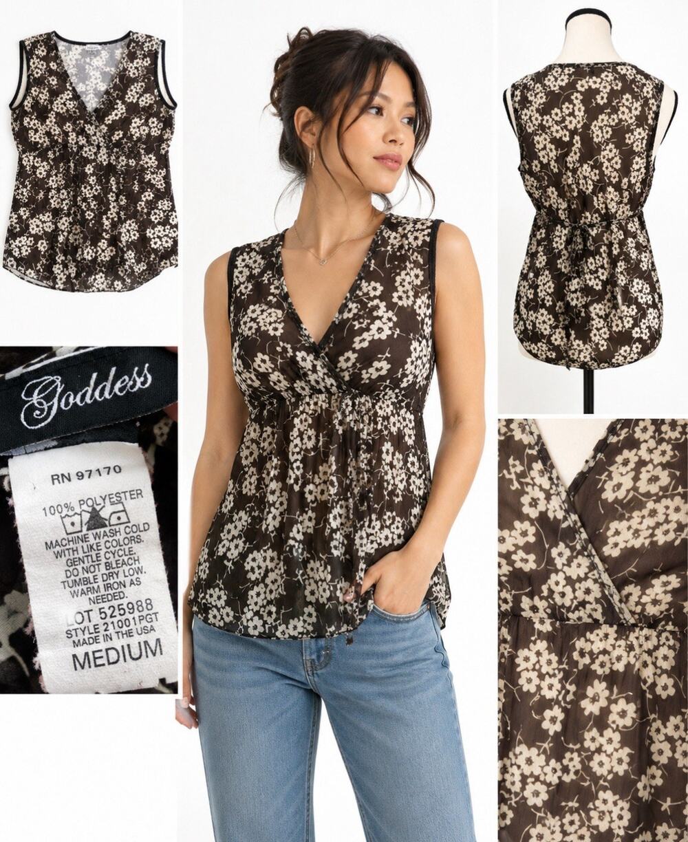 Y2K Indie Whimsical 2000s Goddess Floral Surplice Babydoll Top Sz M Brown Black